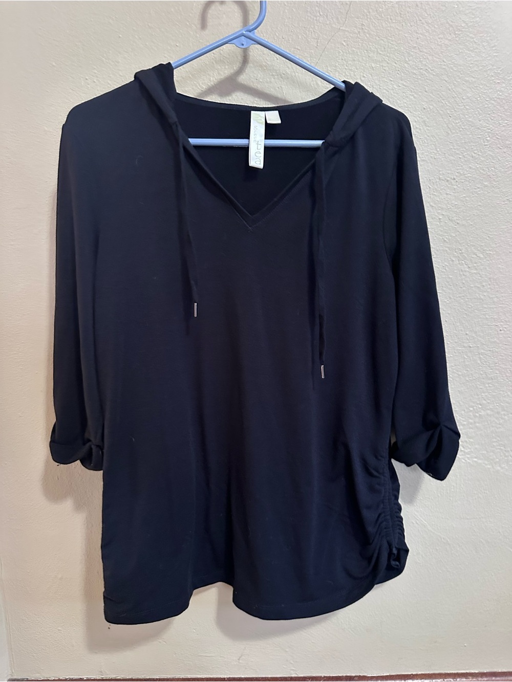 GreenTea Black V-Neck Hoodie with Roll-Tab Sleeves